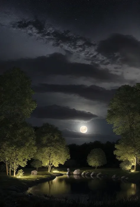 "Une nuit paisible et paisible, Profitez d&#39;une lueur argentée. Une scène harmonieuse de la lune se reflétant délicatement sur l’eau calme. Des étoiles scintillantes parsèment le ciel sombre, créer une atmosphère magique. La nature environnante est enve...