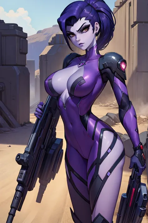 Widowmaker, sexy female with purple skin and dark blue hair, stockings, muscle