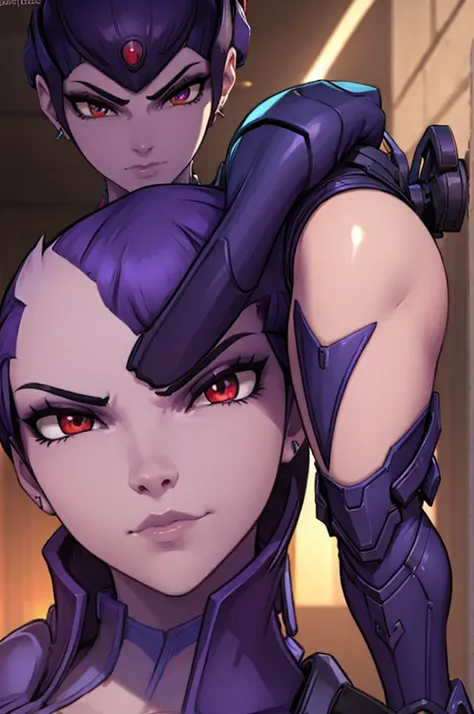 Widowmaker, sexy female with purple skin and dark blue hair, stockings, muscle