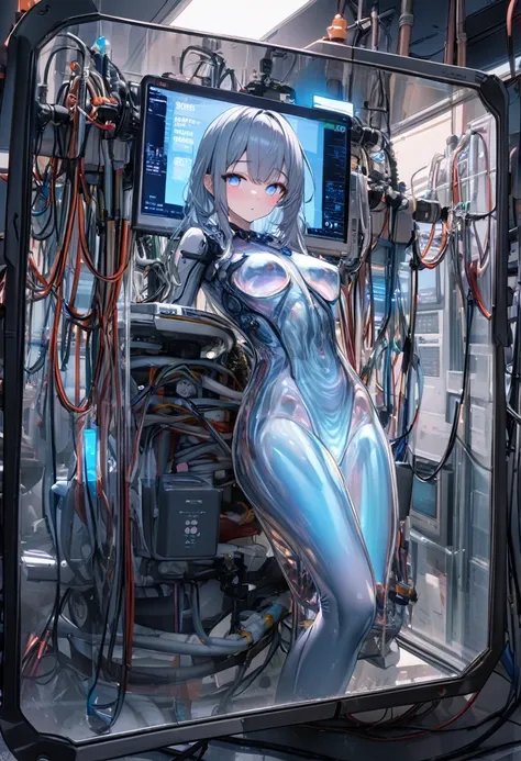 (best quality, high resolution, masterpiece:1.2), Very detailed, Practical:1.37, (Perfect anatomical structure),1 girl, Full body portrait,In the operating room,(lot of cable:1.1),Lots of tubes,Monitoring screen,Close-up of woman, Cute and perfect Japanese...