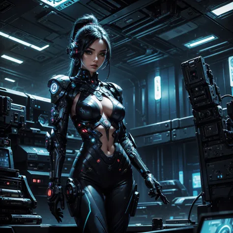 A sexy tattooed cyber girl wearing technological tools, in a futuristic planetary colony, surrounded by sinister and disturbing cyborgs