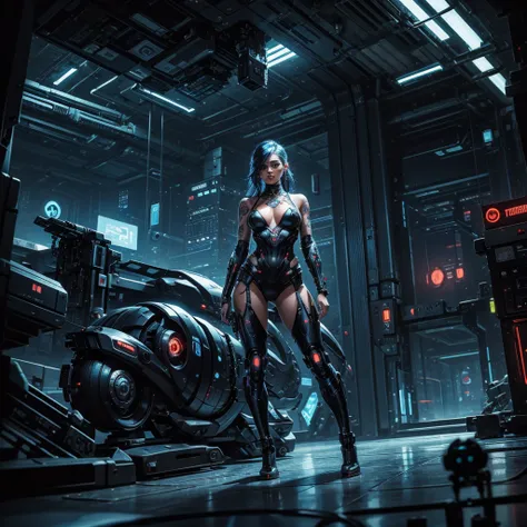 A sexy tattooed cyber girl wearing technological tools, in a futuristic planetary colony, surrounded by sinister and disturbing cyborgs