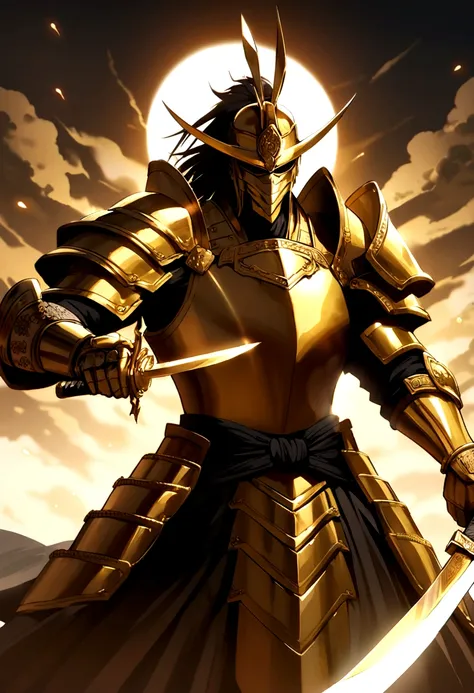 A mighty samurai with a golden blade and golden armor and an aura like the sun surrounding him and his sword