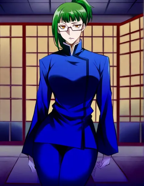 score_9, score_8_up, score_7_up, source_anime,
MakiZenin, Maki Zenin, green ponytail hair, glasses, yellow eyes,
blue tight skirt, blue tight jacket, jujutsu kaisen uniform,
indoors, dojo, seductive pose,
solo, looking at viewer, 