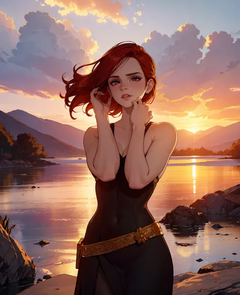 a beautiful redheaded woman, Emma Watson, posing seductively in a sunset scene, (best quality,4k,8k,highres,masterpiece:1.2),ultra-detailed,(realistic,photorealistic,photo-realistic:1.37),beautiful detailed eyes,beautiful detailed lips,extremely detailed e...