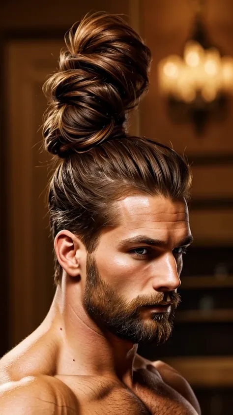 Fantasy story man, tall, very handsome, brown eyes, auburn hair pulled back into a messy bun on the top of the head. auburn beard. Muscular.  