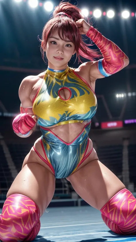 Female professional wrestler、Fighting Pose、smile、((On the Ring))、((Spotlight))、(((large stadium)))、((Super big breasts))、(Saggy breasts)、((Ultra tight uniform))、Flashy hair color、Wristband、(((A flashy costume with a bizarre pattern)))、((Elbow Support))、((K...