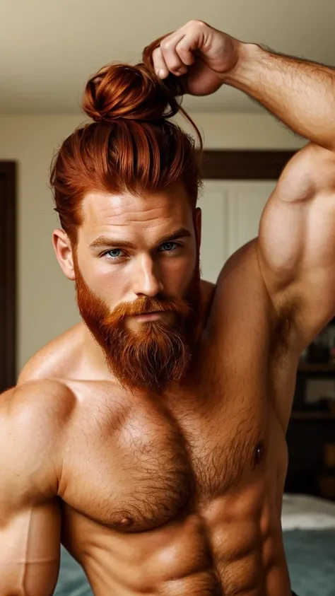 Fantasy story man, tall, very handsome, brown eyes, red auburn hair pulled back into a messy bun on the top of the head. Red short beard. Muscular.  