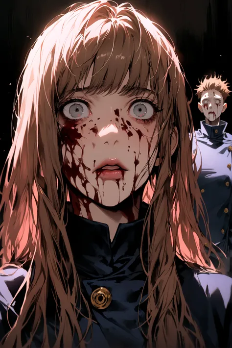 a girl with short brown hair, with bright gray eyes, her lips are pink, He wears the uniform from the anime Jujutsu Kaisen and his left arm has shiny black spots..., long hair, horror scene, on his face there are blood stains on his entire body, terrifying...