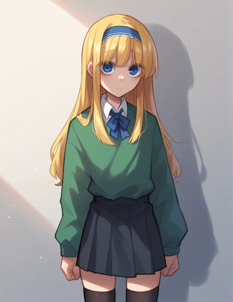 1 girl, alone, looking at the viewer, buttock, blond hair, long hair, hair band, Dress shirt, grey skirt, black stockings, straight bangs, blue tie, blue eyes,
pantimedias, pantiblack stockings, Mini Skirt, Mini Skirt negra, black skirt, wide sweater, Gree...