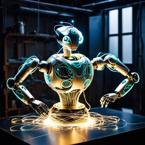 In the futuristic workshop, A robotic puppet carefully weaves together glowing threads of energy., They form intricate patterns that ripple and change over time..