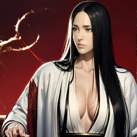 （（（Perfect figure，figure，black Japanese clothing,feather woven, （（（bleach，（（（Scars on the chest）））, red eyes,Unohana））），S-shaped figure:1.7））），((masterpiece)),high resolution, ((Best quality at best))，masterpiece，quality，Best quality，（（（ Exquisite facial f...