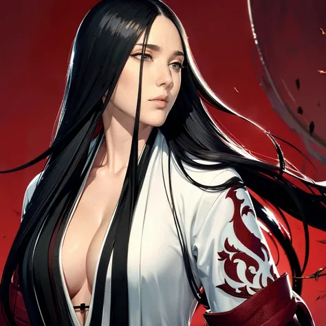 （（（Perfect figure，figure，black Japanese clothing,feather woven, （（（bleach，（（（Scars on the chest）））, red eyes,Unohana））），S-shaped figure:1.7））），((masterpiece)),high resolution, ((Best quality at best))，masterpiece，quality，Best quality，（（（ Exquisite facial f...