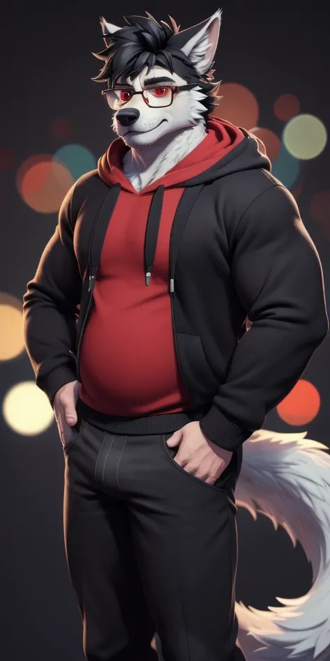 ((masterpiece, best quality:1.4)), bokeh, fluffy, 3d, animal hands, 
furry male, dad bod, glasses, solo, anthro, wolf boy, cowboy shot, hand on hip, 
black hair, grey fur, red eyes, short hair, black hoodie, long sleeves, long tail, black pants, bulge, 
bl...