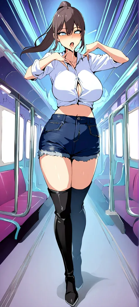 penis,Slender and sexy woman,ponytail,Cum in mouth,deep throat ,Black knee-high boots,Jeans Shorts,train,Molester