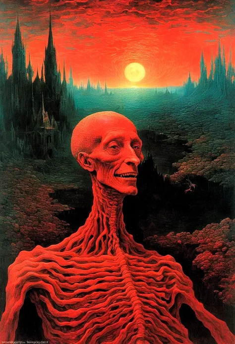 Mythical creatures, author：Zdzislaw Beksiński and Vincent Van Gogh, Album cover, romantic, Surrealism, Futuristic ,Smiling Corpse, Coral, Wizard, Abstracted, dark, red, landscape