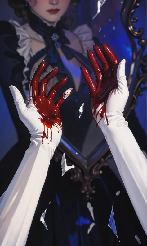 beautiful illustration, ultra-detailed, masterpiece, victorian era, long white gloves, blood on white gloves, broken mirror