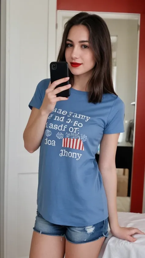 Selfie of a woman, 4th of July T-Shirt, long dark brown hair, black eyes, red lipstick, ultra realistic