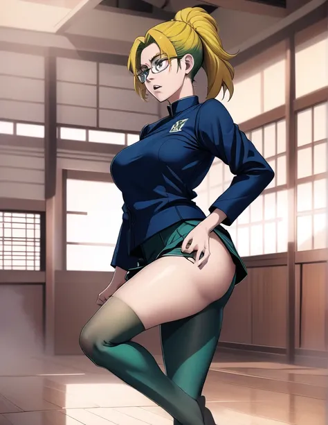 score_9, score_8_up, score_7_up, source_anime,
MakiZenin, Maki Zenin, green ponytail hair, glasses, yellow eyes,
blue tight skirt, blue tight jacket, jujutsu kaisen uniform,
indoors, dojo, seductive pose,
solo, looking at viewer, 