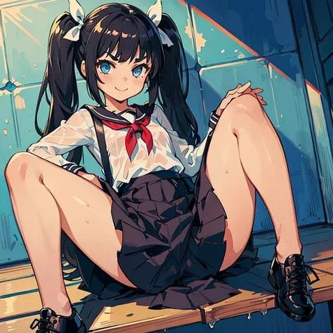 Young girl with black hair, long twintail, twintail hairstyle, (blue eyes),, ((small bushy eyebrows)), wearing gothic lolita clothing, lolicon , walking to school, flirty smile, (sitting with legs open lifting her skirt to show her vagina wet with semen),
