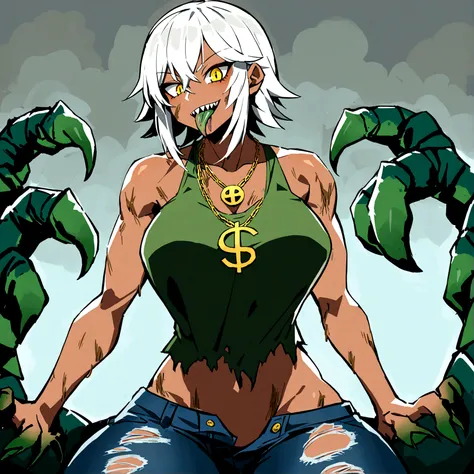 short, medium chest, sharp teeth, white hair streaked with green, greenish skin, sharp teeth, yellow eyes, long tongue, strong thighs, strong legs, firm rough feet, creepy, sharp claws, dirty, golden dollar sign necklace, simple dirty top, short ripped jea...