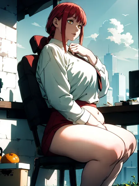 Le personnage Makima de la série animée Chainsaw Man, fragile, obésité morbide, ssbbw, pleine longueur (corps entier 1.1.), fond sombre, obscurité, anatomie correcte 1.1, anatomie correcte de la main, Très féminin, corps gras et rond, grosses Jambes, fesse...