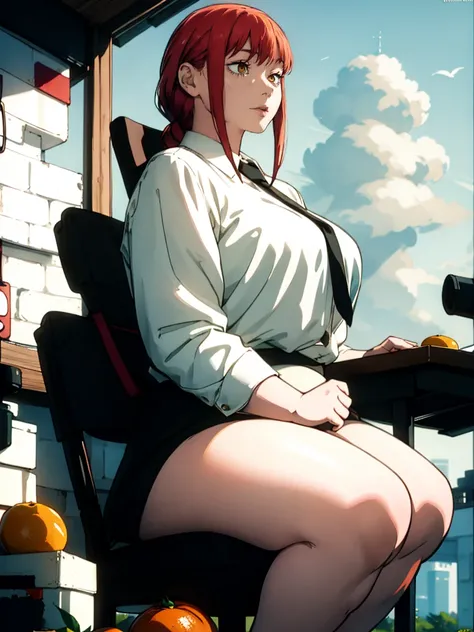 Le personnage Makima de la série animée Chainsaw Man, fragile, obésité morbide, ssbbw, pleine longueur (corps entier 1.1.), fond sombre, obscurité, anatomie correcte 1.1, anatomie correcte de la main, Très féminin, corps gras et rond, grosses Jambes, fesse...