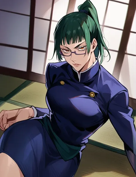 score_9, score_8_up, score_7_up, source_anime,
makizenin, maki zenin, green ponytail hair, glasses, yellow eyes,
blue tight skir...