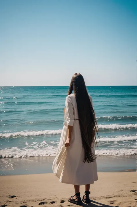 A girl with long hair looking at the sea 