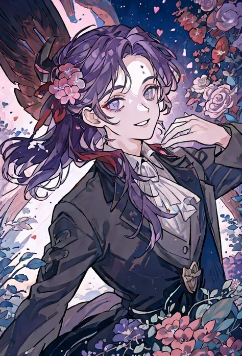 ((Best Quality)), ((Masterpiece)), (detailed), 
a demon man, long dark purple hair with a light purple fade, light brown skin, grey eyes, holding a bouquet of flowers, with gothic formal clothes, surrounded by hearts, smiling proudly