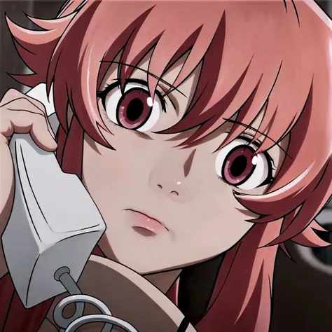 anime girl with pink hair talking on a cell phone,  gasai yuno, mirai nikki, anime girl named gasai yuno, gasai yuno, mirai nikk...