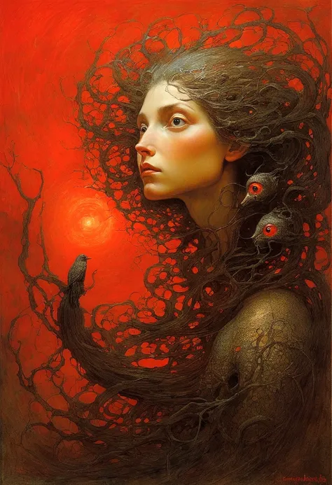 Mythical creatures, author：By Zdzisław Beksinski, Mucha、red、Big eyes