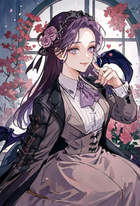 ((Best Quality)), ((Masterpiece)), (detailed), 
a demon man, long dark purple hair with a light purple fade, light brown skin, grey eyes, holding a bouquet of flowers, with gothic formal clothes, surrounded by hearts, smiling proudly