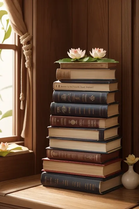 Books with lotus flowers around