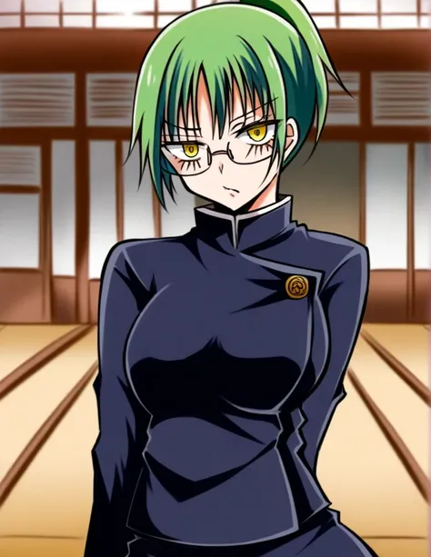 score_9, score_8_up, score_7_up, source_anime,
MakiZenin, Maki Zenin, green ponytail hair, glasses, yellow eyes,
blue tight skirt, blue tight jacket, jujutsu kaisen uniform,
indoors, dojo, seductive pose,
solo, looking at viewer, 