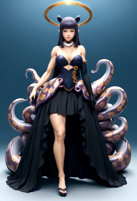 inapriestess, strapless dress, single thighhigh, single detached sleeve, black gloves, low wings, halo, detailed octopus tentacl...