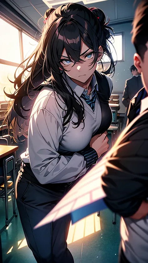 best quality, extremely detailed, anime style adult 1girl, long hair down to the waist, straight hair, ((dark black hair with bluish)),under bun,beautiful detailed eyes, pinched eyes, dark blue eyes, huge breasts,curvy,((((boys school uniform)))),blazer,ac...