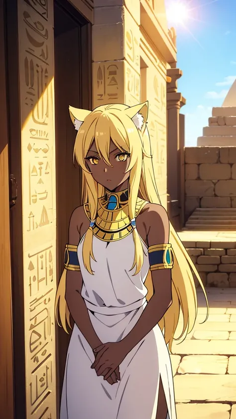 (1girl ,solo,20s,mature female),blonde hair,long hair,cat ears,yellow eyes,(((dark skin))),(Egypt, blue sky, sun),white egypt oufit,bare shoulders,looking at view,blank eyes,deep eyes