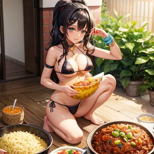 Micro bikini girl making biryani