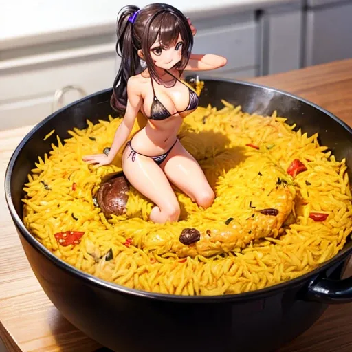 Micro bikini girl making biryani