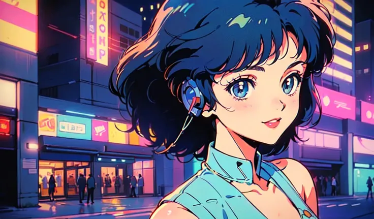 (80s, retro, city pop: 1.5), (album jacket), (famous song, highest quality), (anime, illustration), (pastel color: 1.4),
Best photo pose, dynamic angle, dark blue hair, cool impression, glossy hair, white dress, miniskirt, girl, solo, smile, perfectly deta...