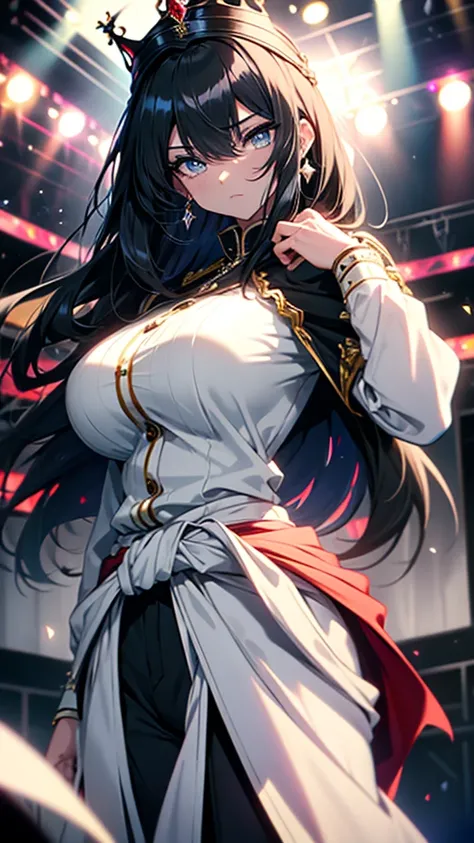 best quality, extremely detailed, anime style adult 1girl, long hair down to the waist, straight hair, ((dark black hair with bluish)), ponybun,crown braid,beautiful detailed eyes, pinched eyes, dark blue eyes, huge breasts,curvy,((((white cool prince clot...