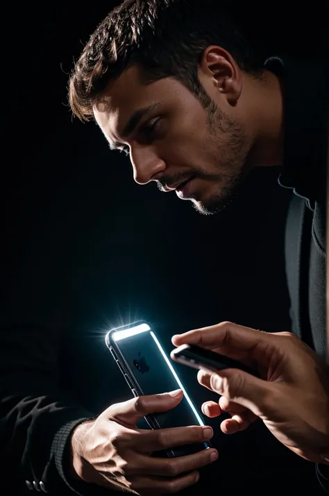 Man having fun using his cell phone, detailed hands, black backdrop, the light from the cell phone reflects on the man&#39;s face.