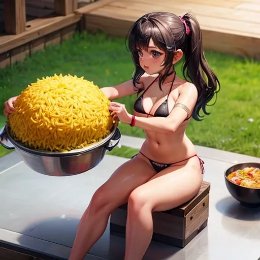 Micro bikini girl making giant biryani