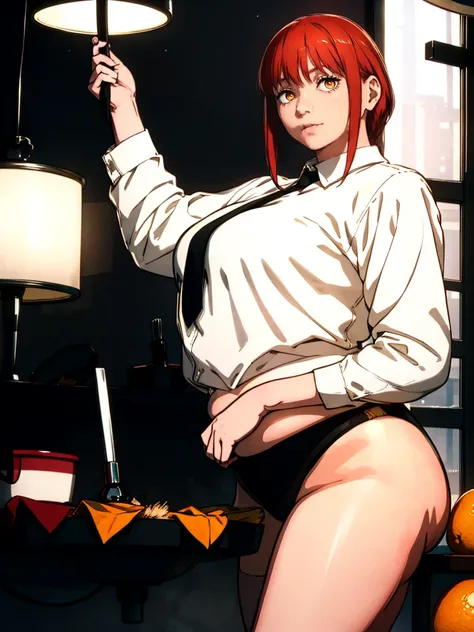 Le personnage Makima de la série animée Chainsaw Man, fragile, obésité morbide, ssbbw, pleine longueur (corps entier 1.1.), fond sombre, obscurité, anatomie correcte 1.1, anatomie correcte de la main, Très féminin, corps gras et rond, grosses Jambes, fesse...