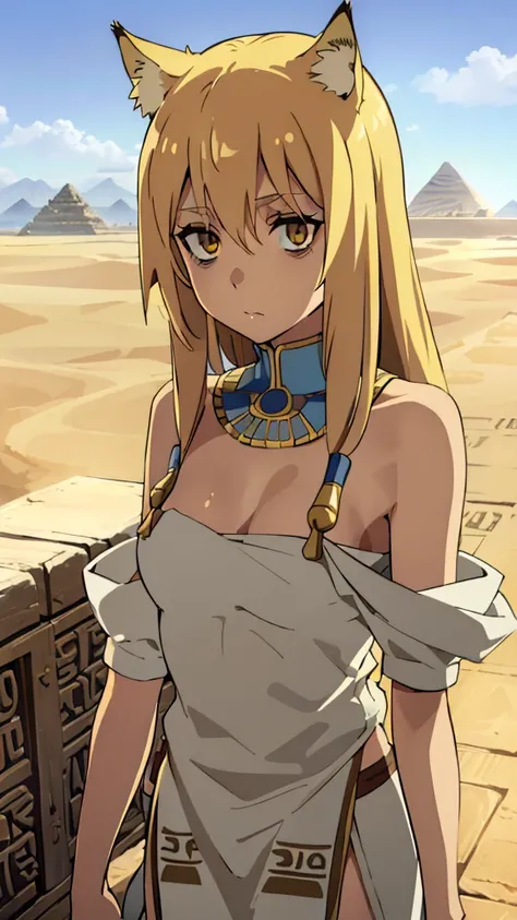 (((1girl ,solo,20s,mature female,tall))),blonde hair,long hair,cat ears,yellow eyes,(tanned skin),(Egypt, blue sky, sun),white egypt oufit,bare shoulders,looking at view,Bags under eyes