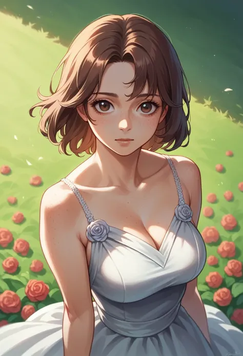 Illustration, detailed illustration, dynamic angle, ultra detailed, best quality, 1girl, 30 year old woman, beautiful, short brown hair, big brown eyes, light freckles, ball gown, starfield in background 