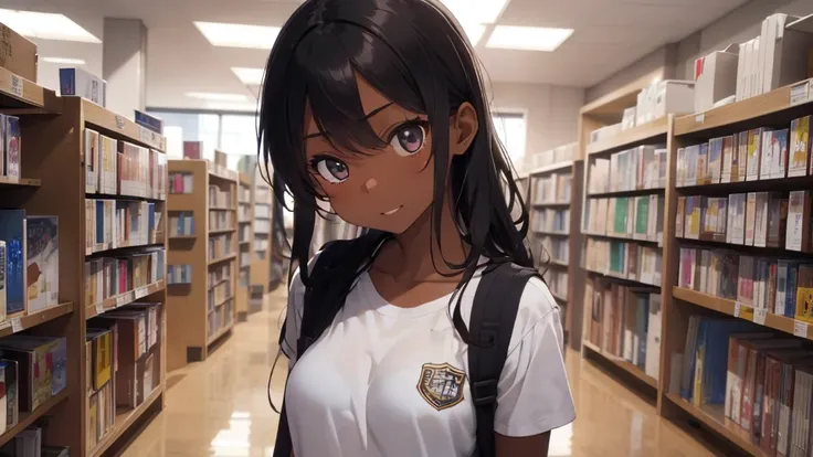 best god quality, Ultra-detailed, perfect Anatomy, standing up straight, (Draw a tomboy excitedly inside a college library), 1girl, is a excited beautiful tan girl, tomboy aesthetic, dark skin girl, tanline skin, (dark skin*2), (long black + wavy hair*1.2)...