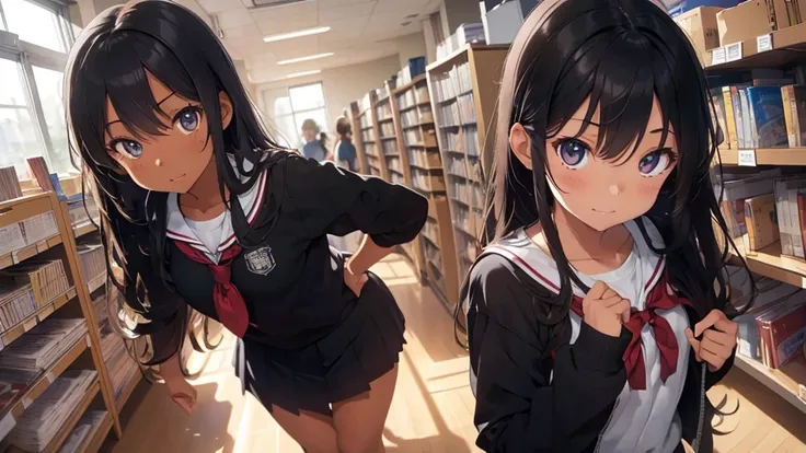 best god quality, Ultra-detailed, perfect Anatomy, standing up straight, (Draw a tomboy excitedly inside a college library), 1girl, is a excited beautiful tan girl, tomboy aesthetic, dark skin girl, tanline skin, (dark skin*2), (long black + wavy hair*1.2)...