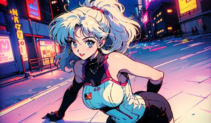 (80s, retro, city pop: 1.5), (album jacket), (famous song, highest quality), (anime, illustration), (pastel color: 1.4),
Best photo pose, dynamic angle, gray bob hair, cool impression, glossy hair, white dress, miniskirt, girl, solo, smile, perfectly detai...